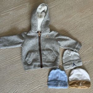 Jordan Gray and rose gold zip hoodie with set of three baby beanies. 6 month